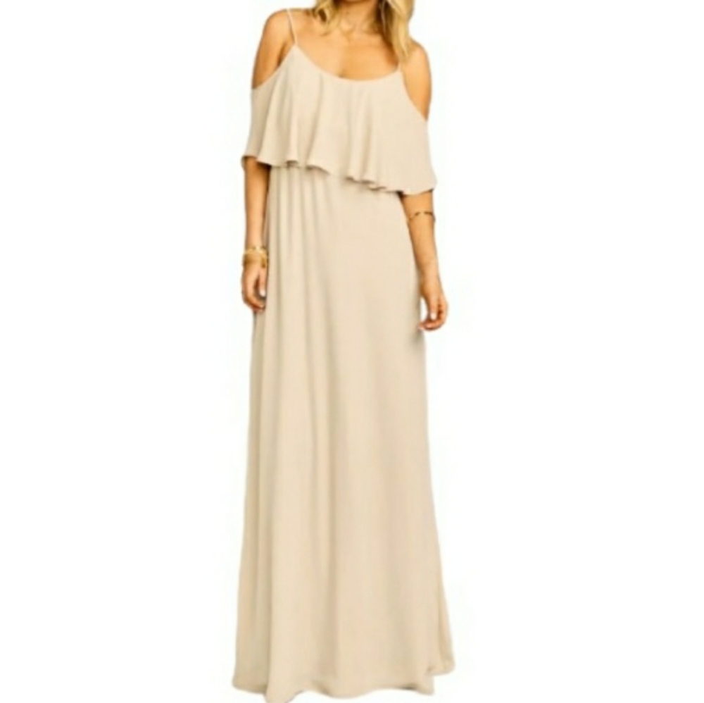 Show Me Your Mumu Caitlin Ruffle Maxi Bridesmaid Dress In Soft Beige Chiffon - Picture 8 of 8